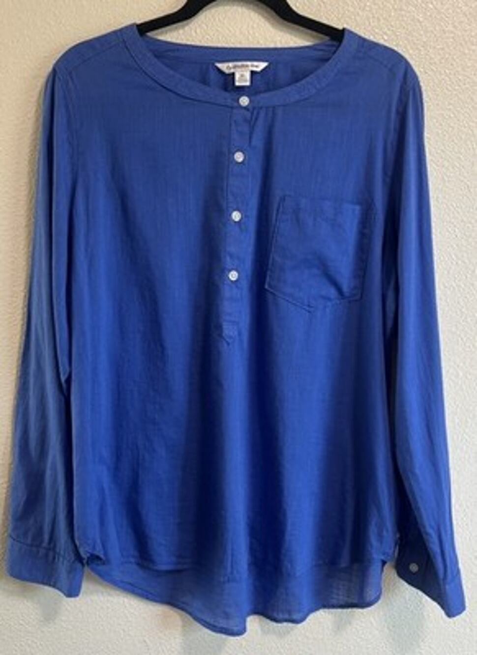 Croft & Barrow Royal Blue Long Roll Tab Sleeve 1/2 Button Tunic Blouse Size XL